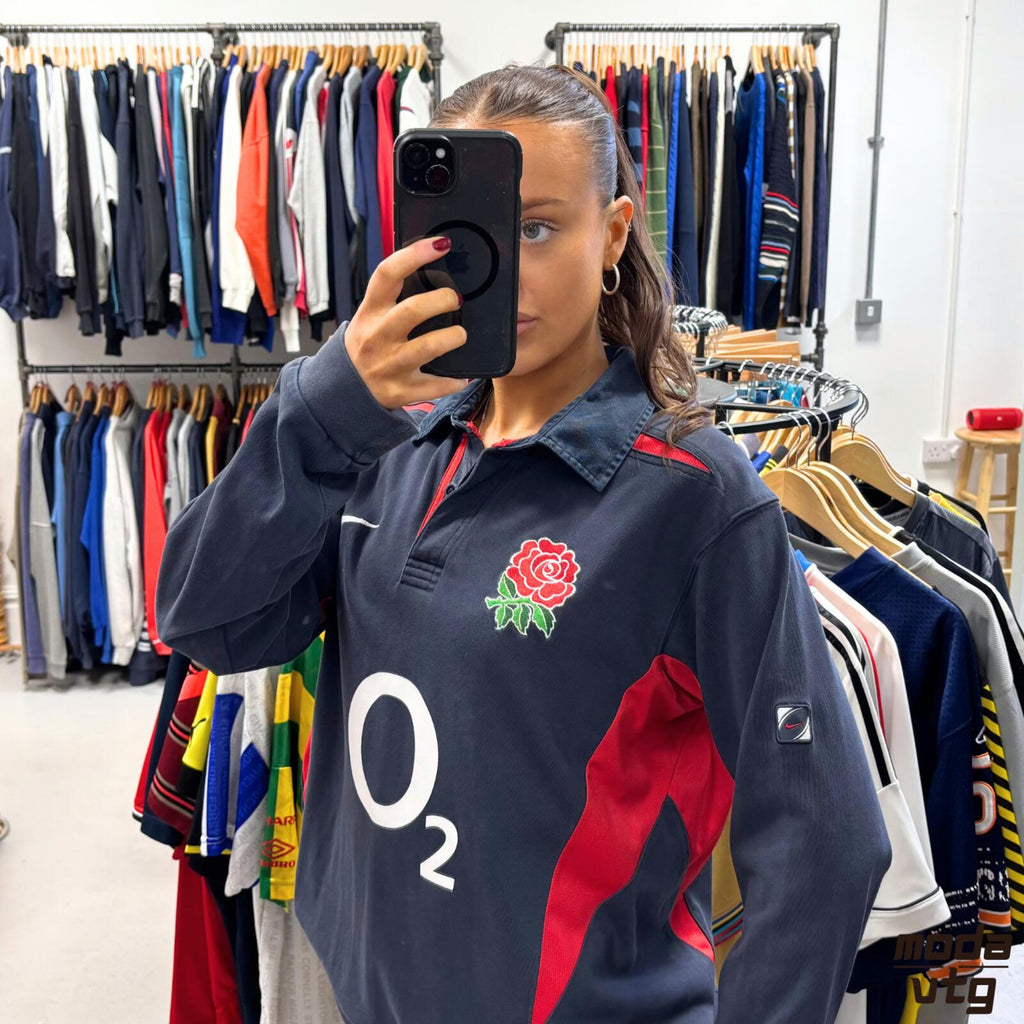 Vintage 2003 England Rugby Polo Navy Medium Nike Away Retro Unisex