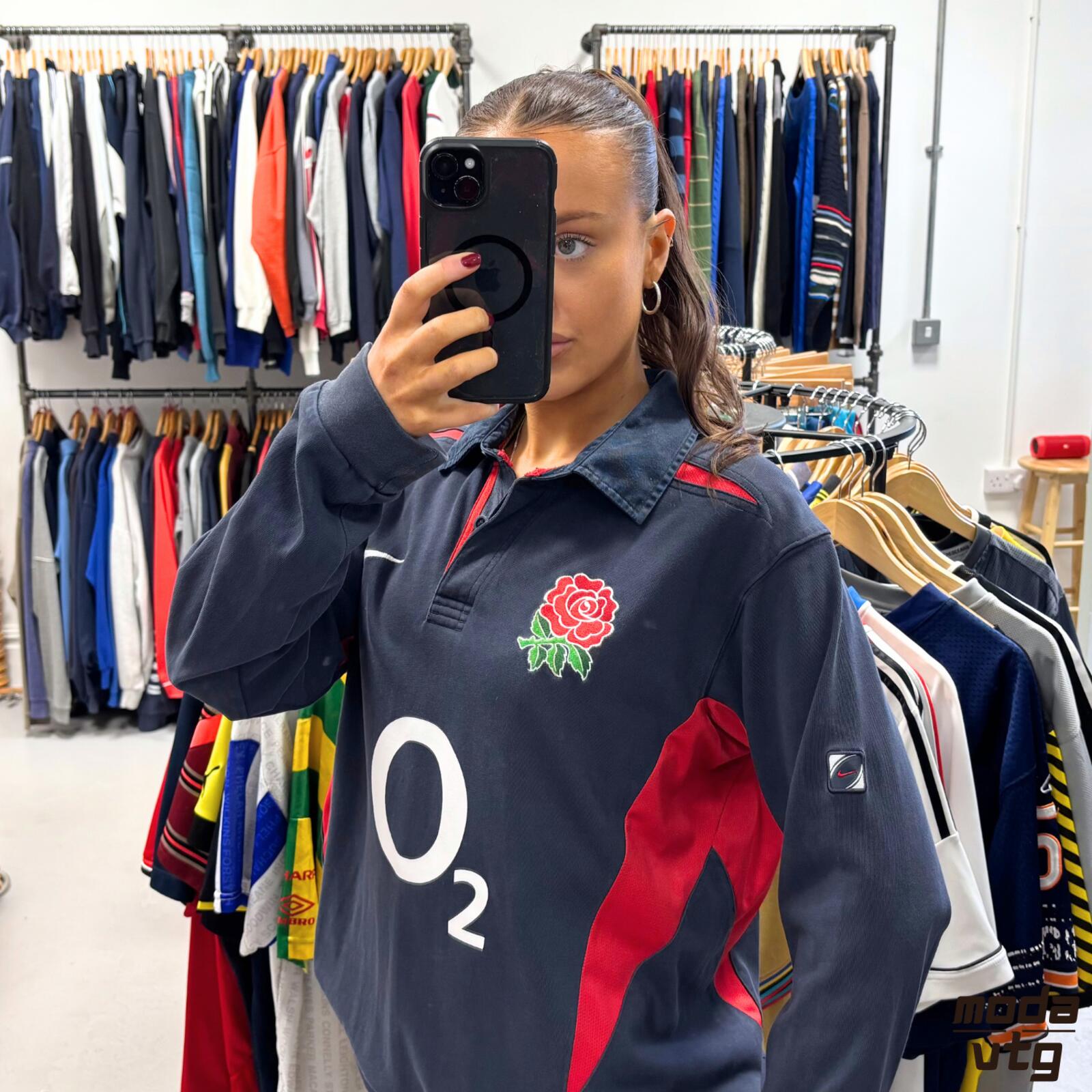 Vintage 2003 England Rugby Polo Navy Medium Nike Away Retro Unisex