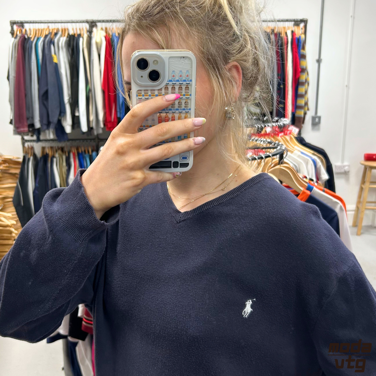 Vintage 90s Ralph Lauren Knitted Jumper Navy Medium Unisex Retro V-Neck Cotton