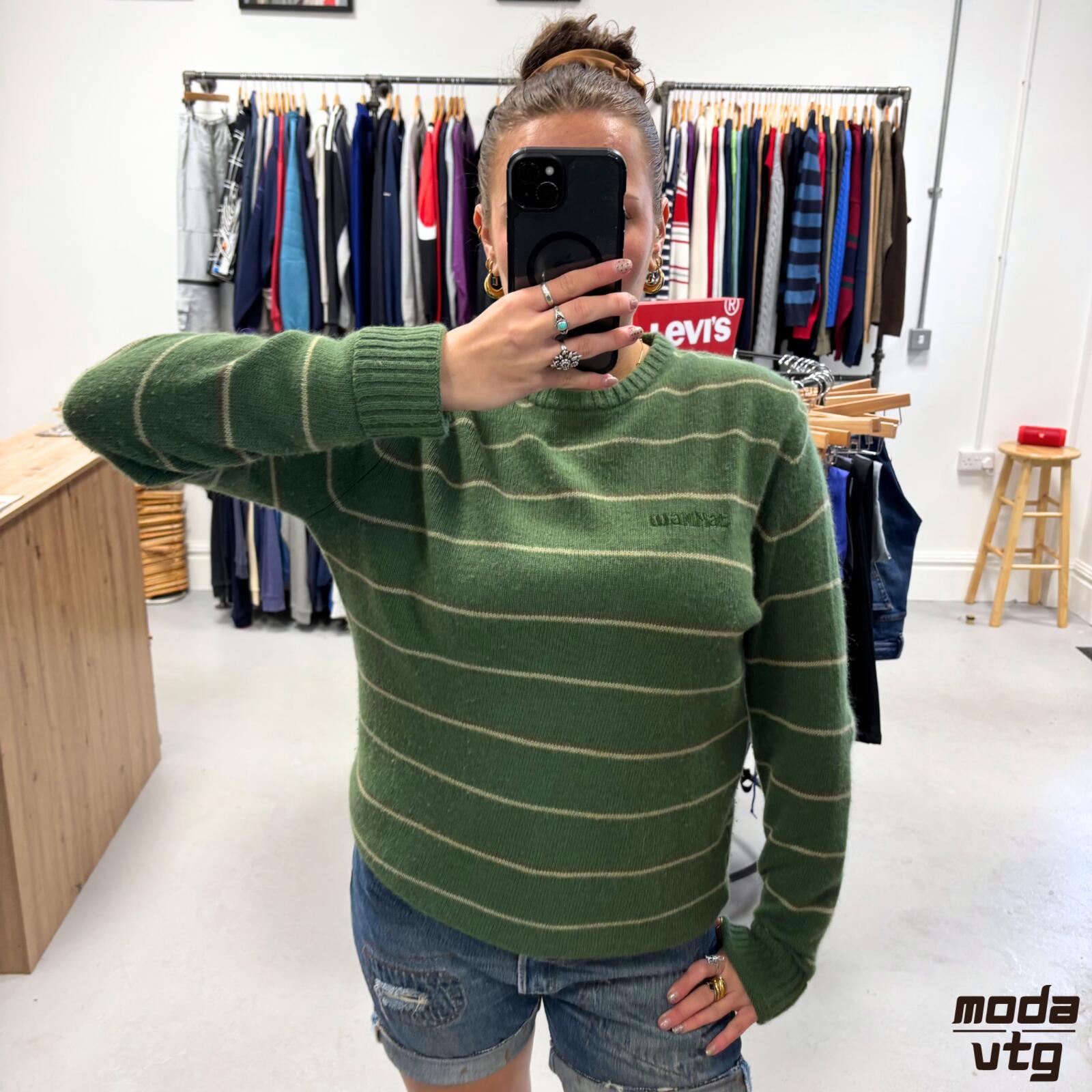 Vintage Y2K Animal Knitted Jumper Green Medium Retro Unisex Striped
