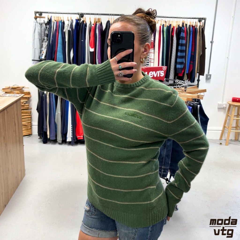 Vintage Y2K Animal Knitted Jumper Green Medium Retro Unisex Striped
