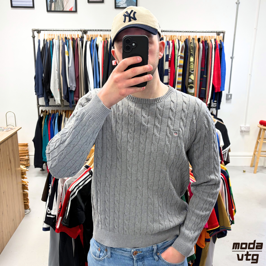 Vintage Y2K GANT Knitted Jumper Grey Large Unisex Cable Retro