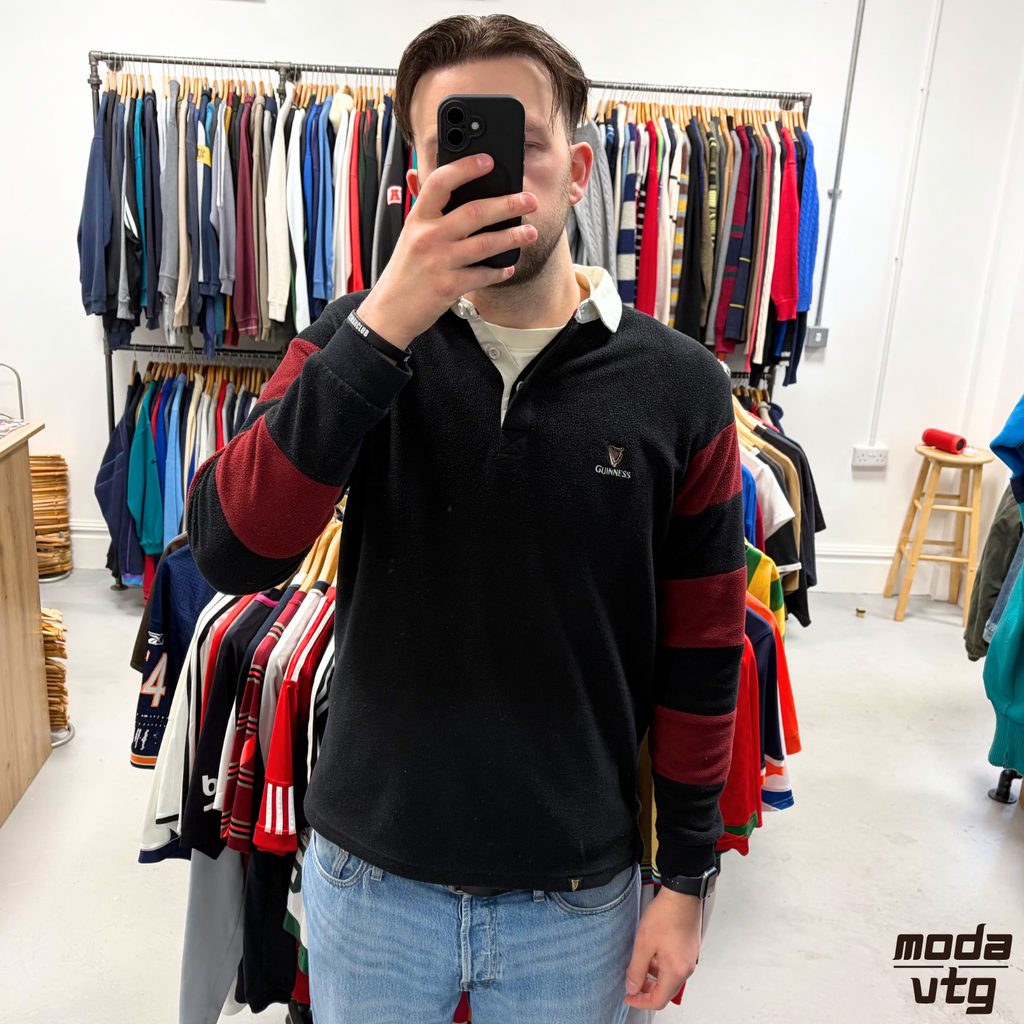 Vintage Y2K Guinness Rugby Polo Fleece Burgundy Black Large Striped Unisex Retro