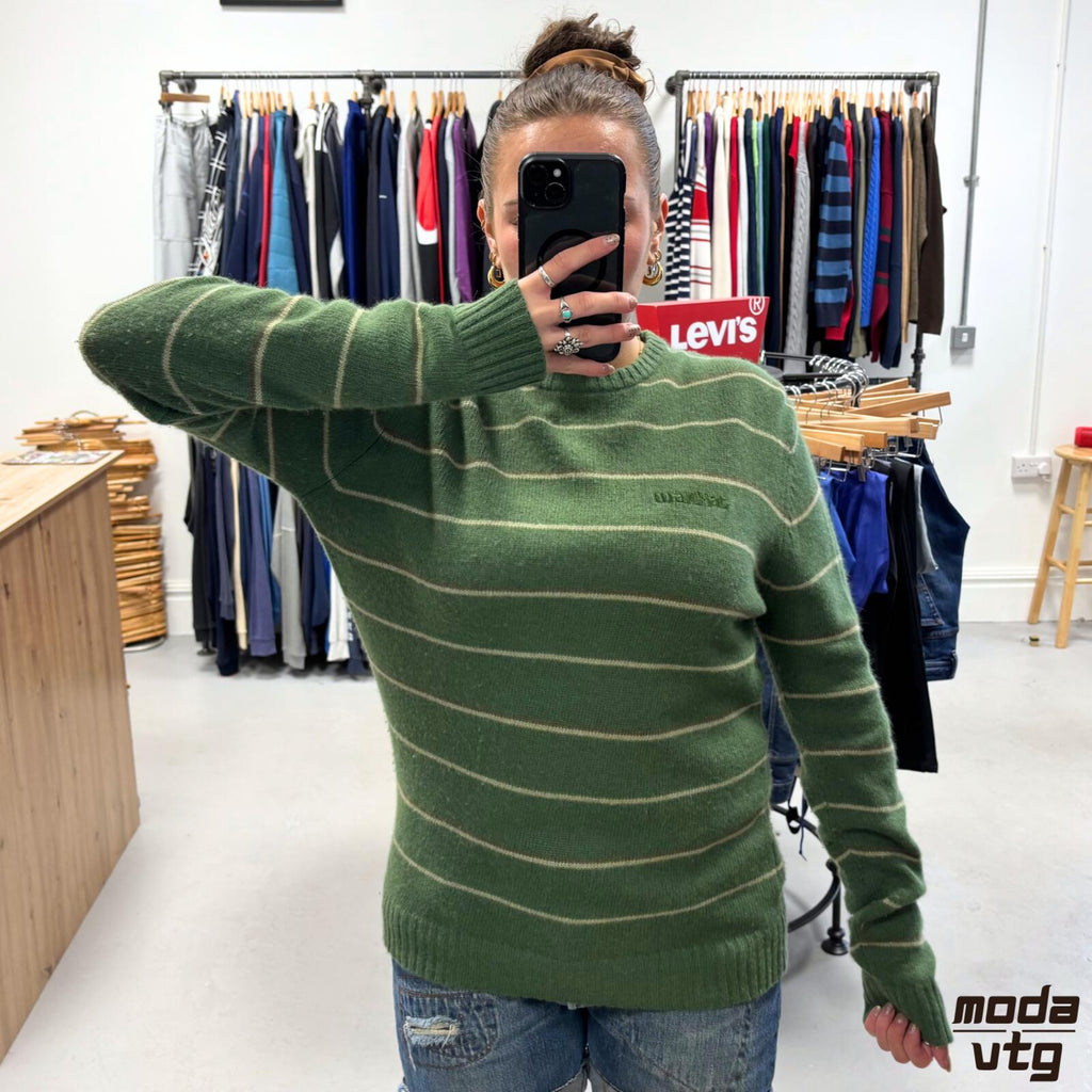 Vintage Y2K Animal Knitted Jumper Green Medium Retro Unisex Striped