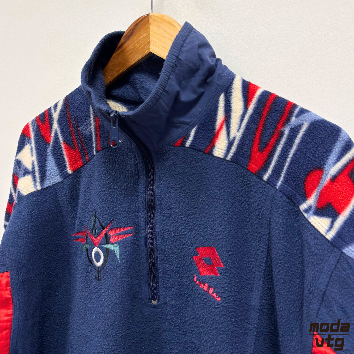 Vintage 90s Lotto Fleece Navy Medium Aztec For Boris Becker Funky Festival Wavy