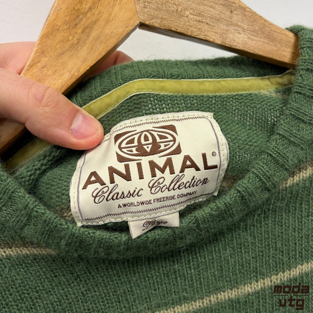 Vintage Y2K Animal Knitted Jumper Green Medium Retro Unisex Striped