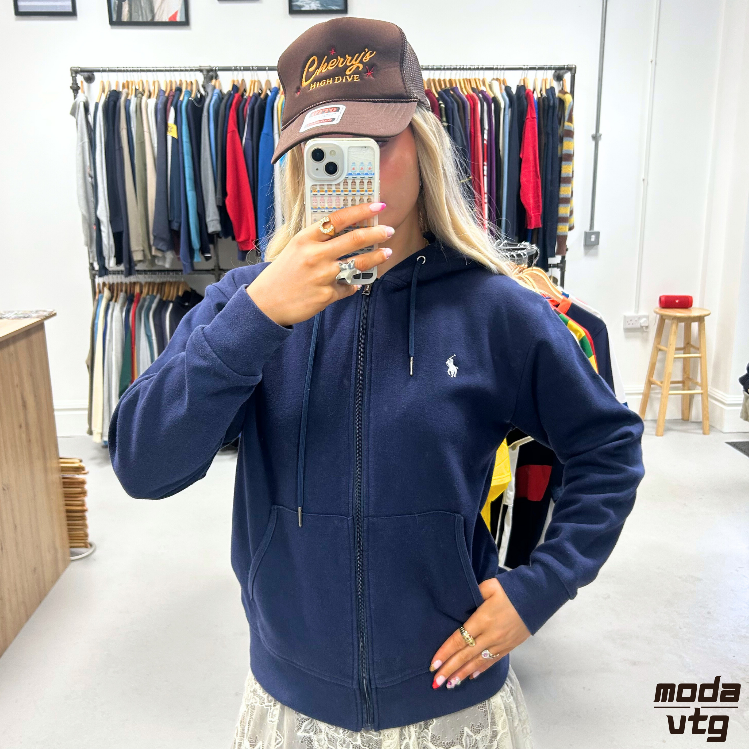 Vintage Y2K Ralph Lauren Hoodie Navy Small Retro Unisex Full Zip