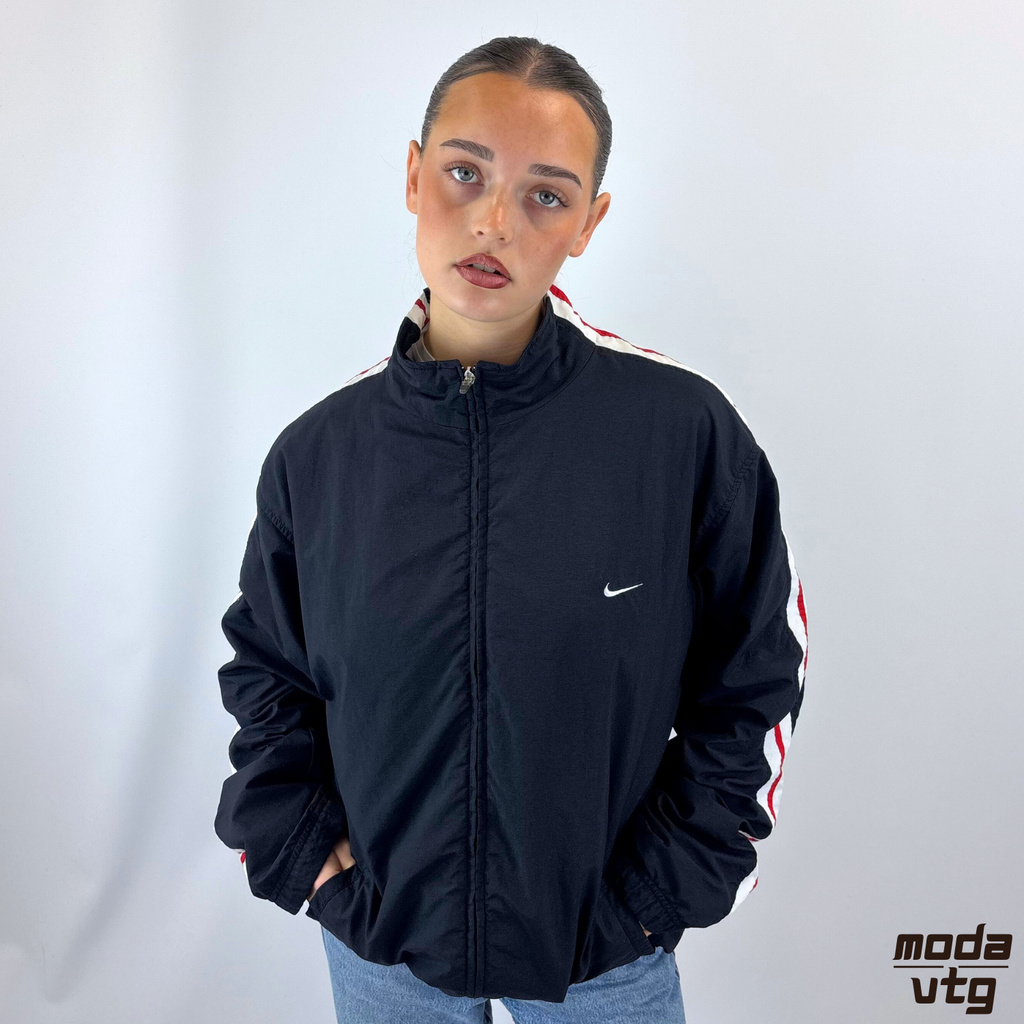 Vintage Y2K Nike Track Jacket Black Large Retro Silver Tag