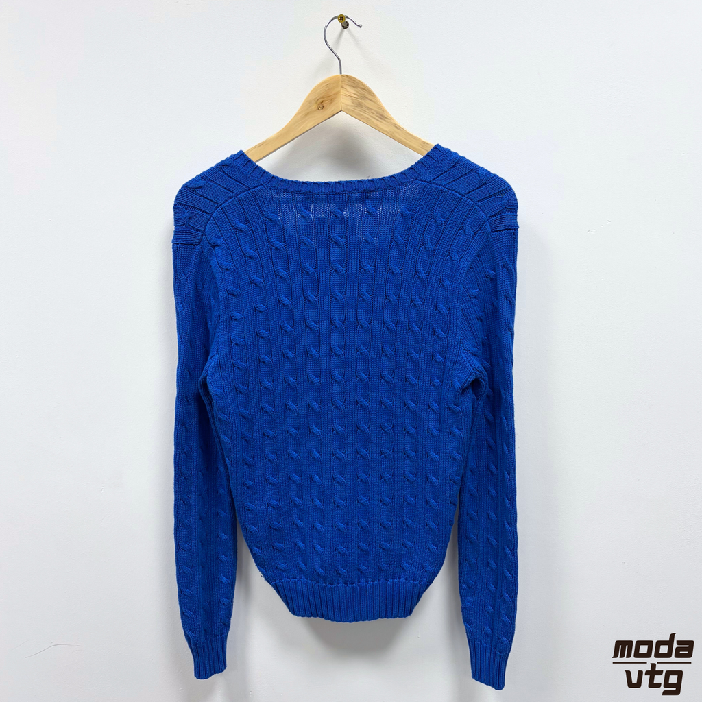 Vintage Y2K Ralph Lauren Knitted Jumper Blue Women’s Medium Cable V-Neck