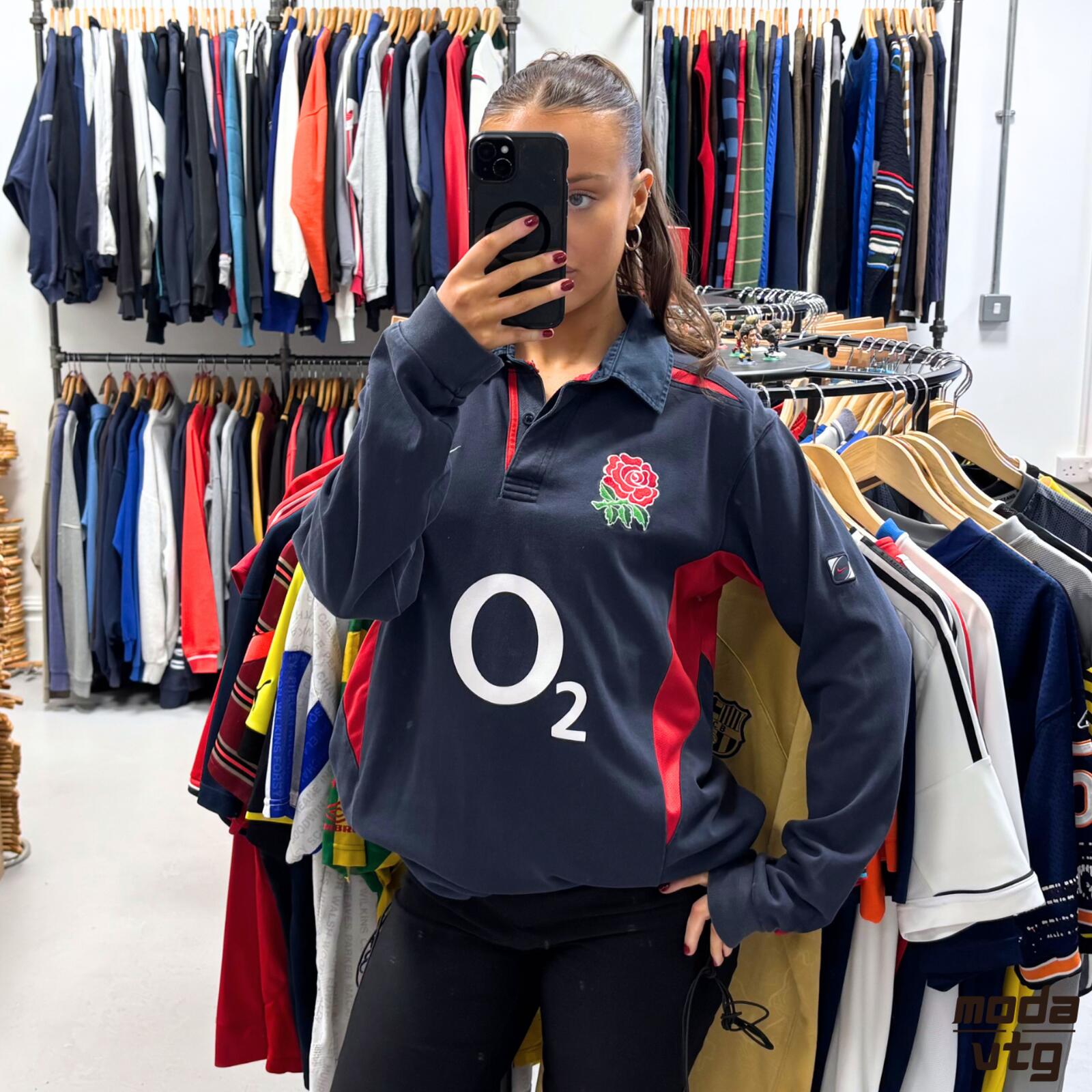 Vintage 2003 England Rugby Polo Navy Medium Nike Away Retro Unisex
