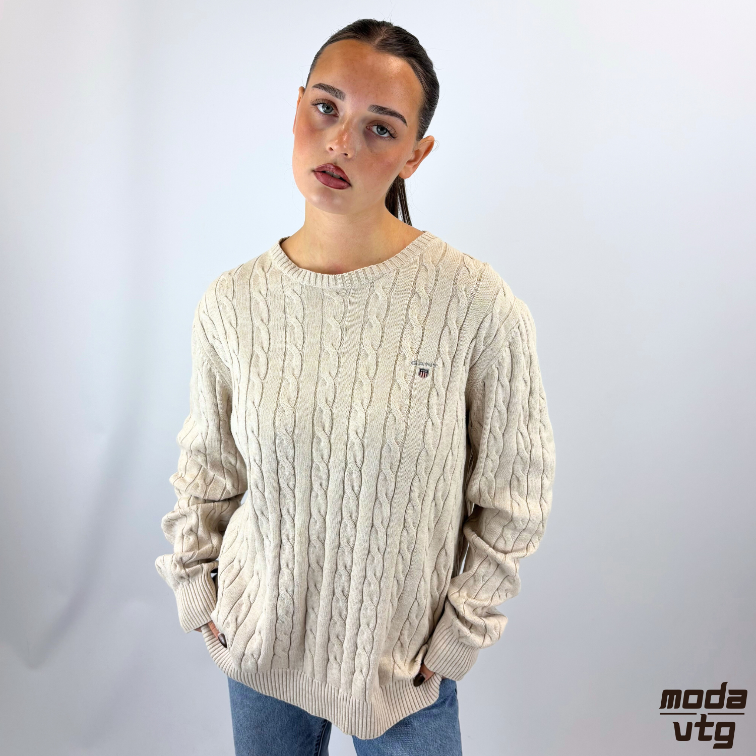 Vintage Y2K GANT Knitted Jumper Beige Medium Cable