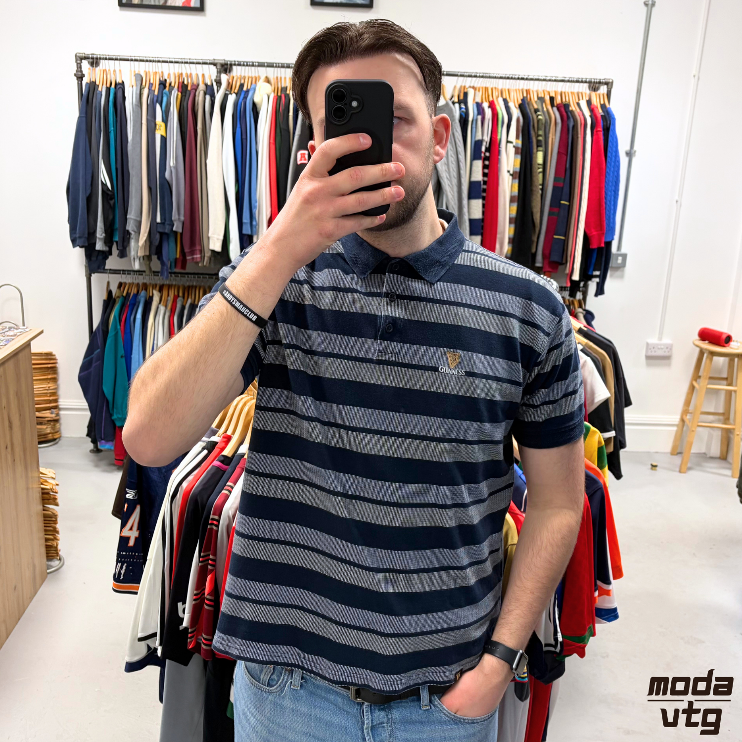 Vintage Y2K Guinness Polo Navy Large Retro Striped Unisex