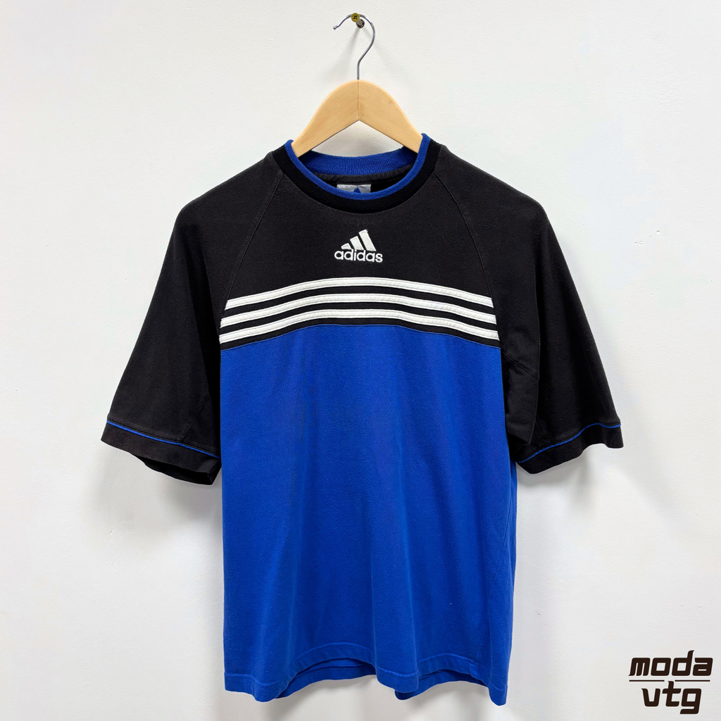 Vintage 90s Adidas T-Shirt Blue Black Medium Holiday Summer