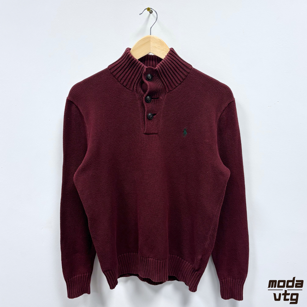 Vintage Y2K Ralph Lauren Buttoned Knitted Jumper Burgundy Small