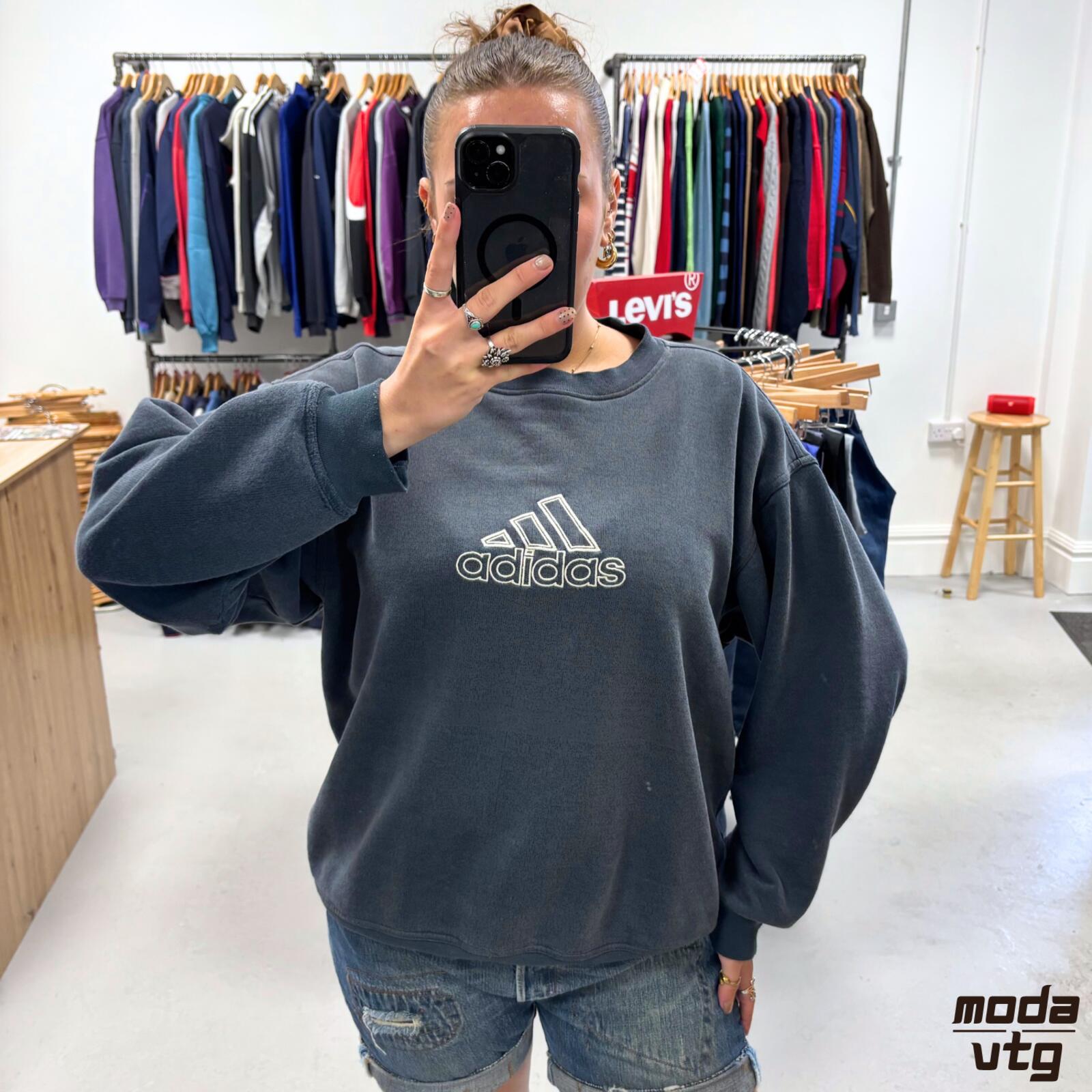 Vintage 90s Adidas Sweatshirt Navy Medium Retro Unisex Boxy