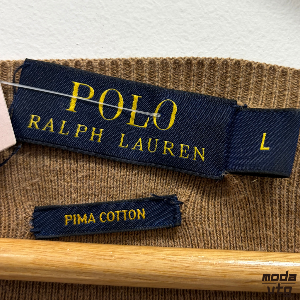 Vintage Y2K Ralph Lauren Knitted Jumper Brown Large Unisex Retro V-Neck Pima
