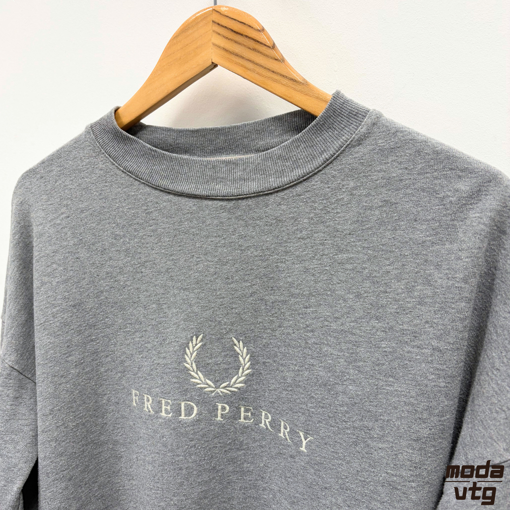 Vintage Y2K Fred Perry Sweatshirt Grey Small Unisex Retro Spellout