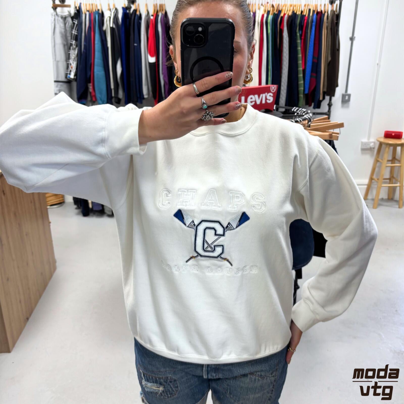 Vintage Y2K Chaps Ralph Lauren Sweatshirt White Small Retro Unisex