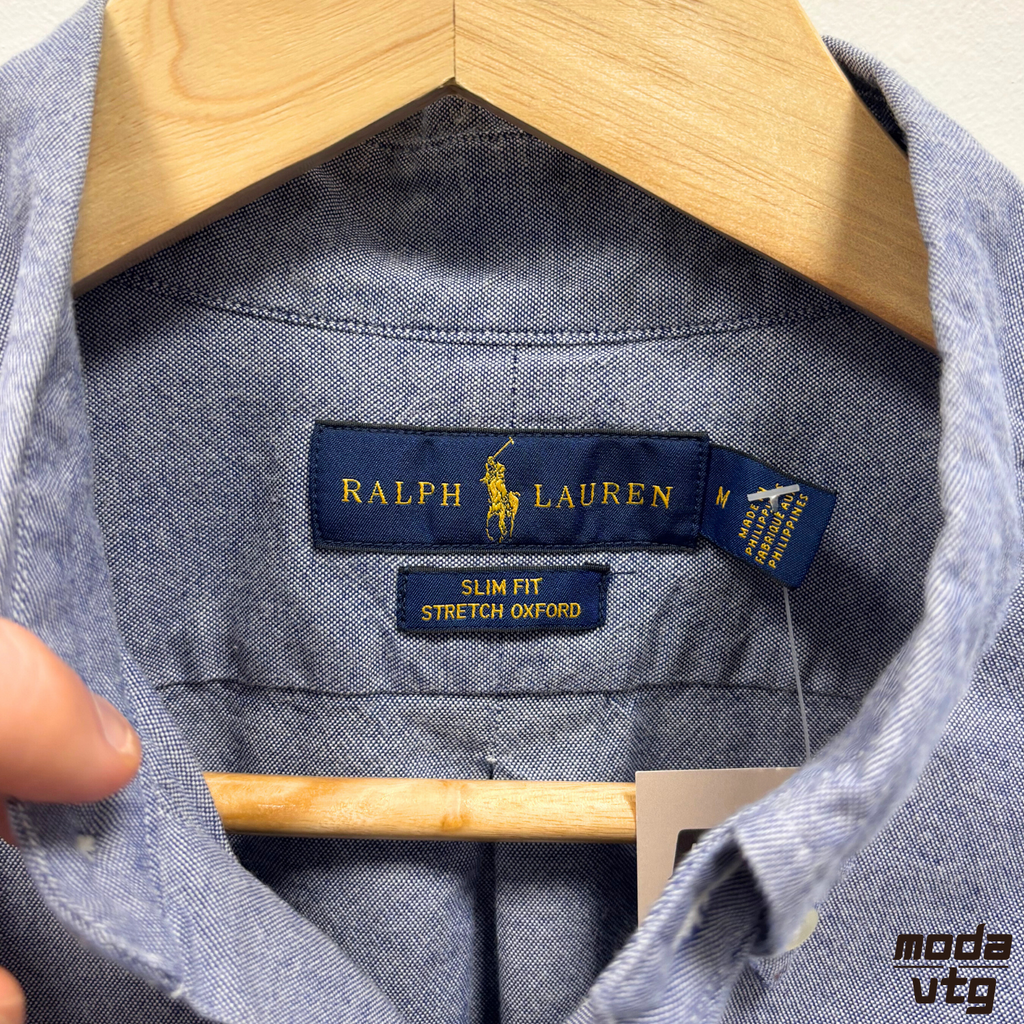 Vintage Y2K Ralph Lauren Shirt Blue Medium Long Sleeve Slim Stretched Oxford