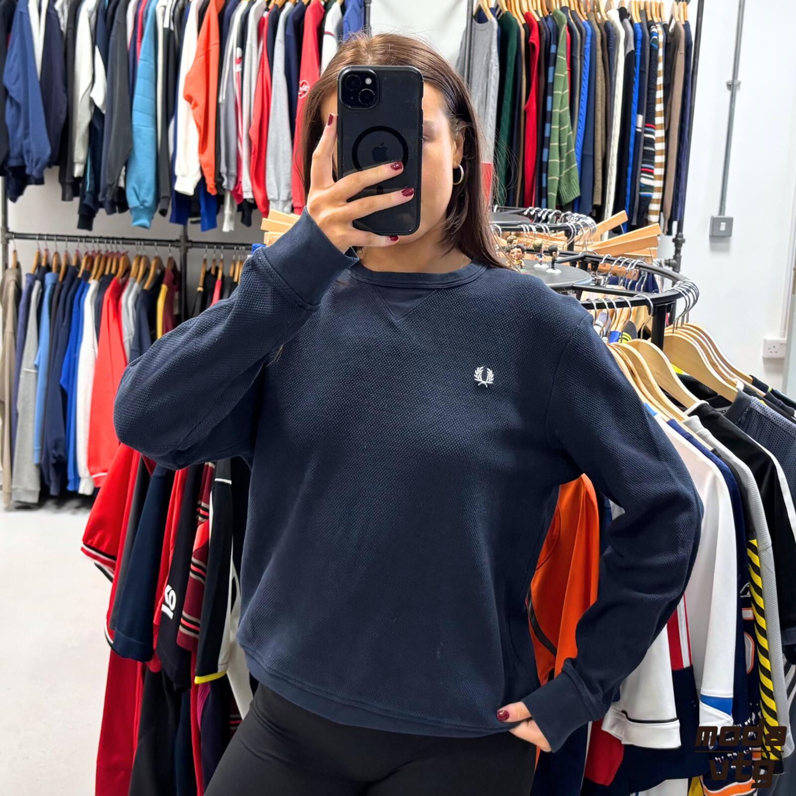 Vintage Y2K Fred Perry Sweatshirt Navy Small Unisex Retro Waffle