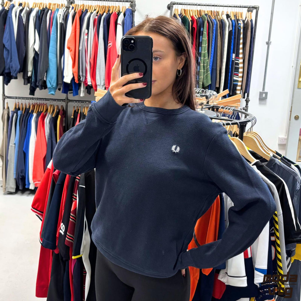 Vintage Y2K Fred Perry Sweatshirt Navy Small Unisex Retro Waffle