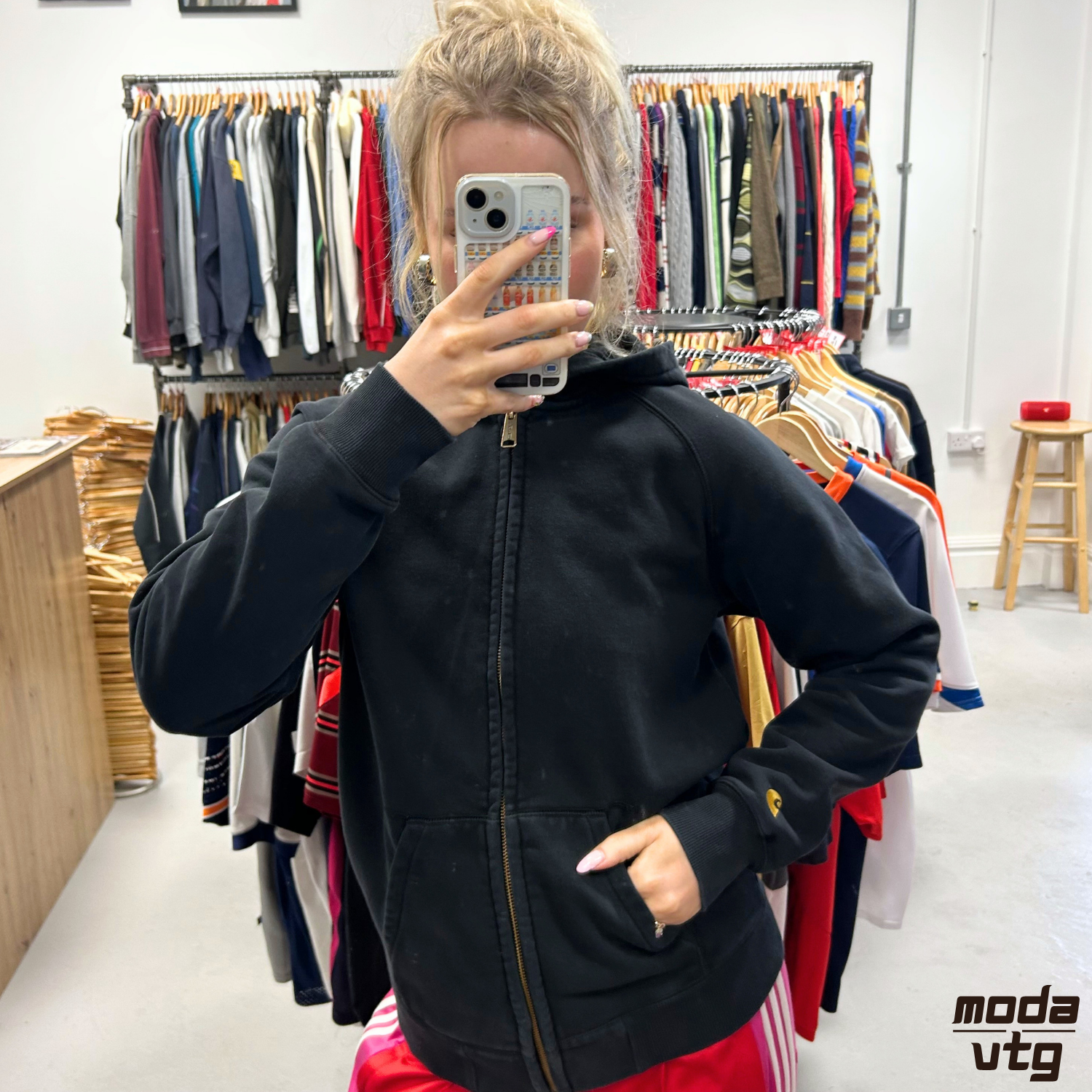 Vintage Y2K Carhartt Hoodie Black Small Unisex Retro Full Zip