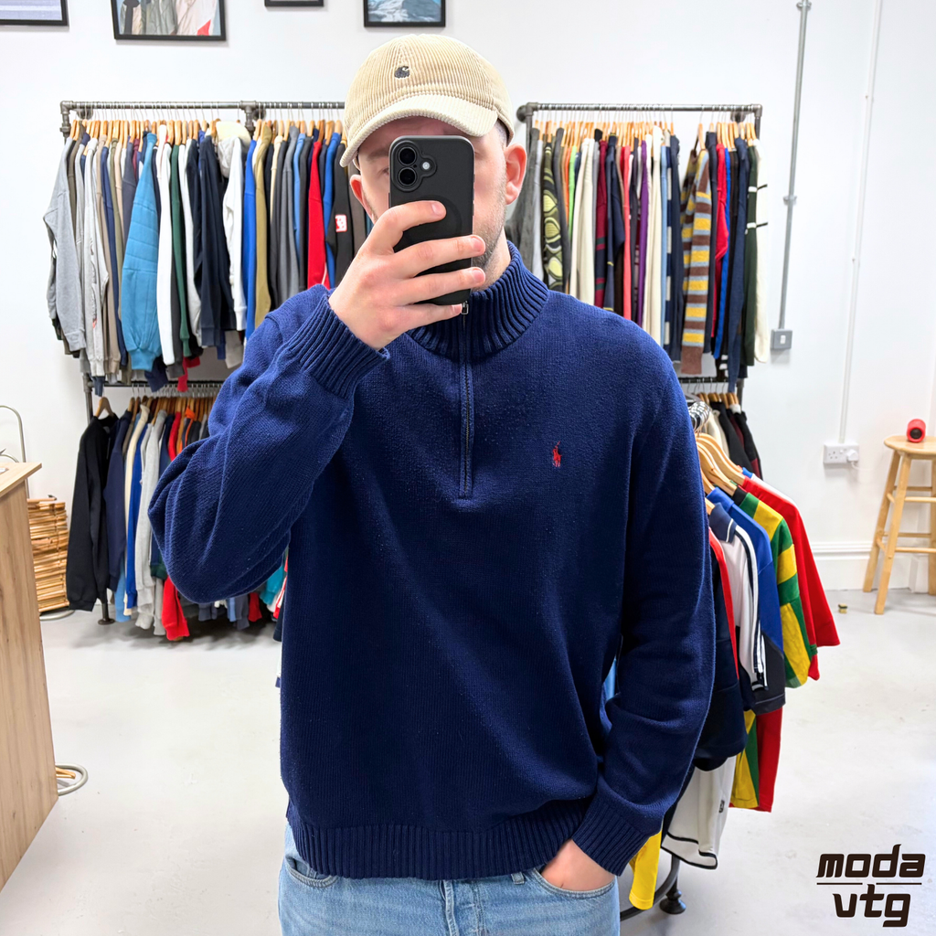 Vintage Y2K Ralph Lauren Knitted Jumper Navy XL Quarter Zip Retro