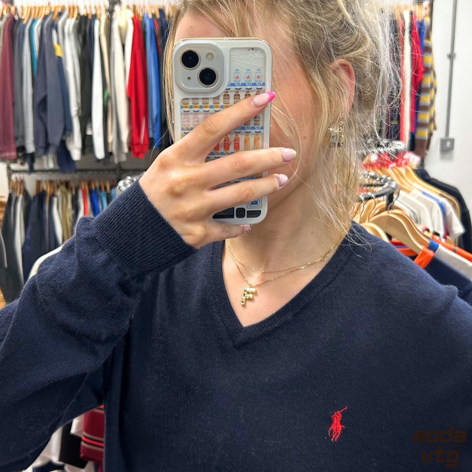 Vintage Y2K Ralph Lauren Knitted Jumper Navy Medium Unisex Retro V-Neck