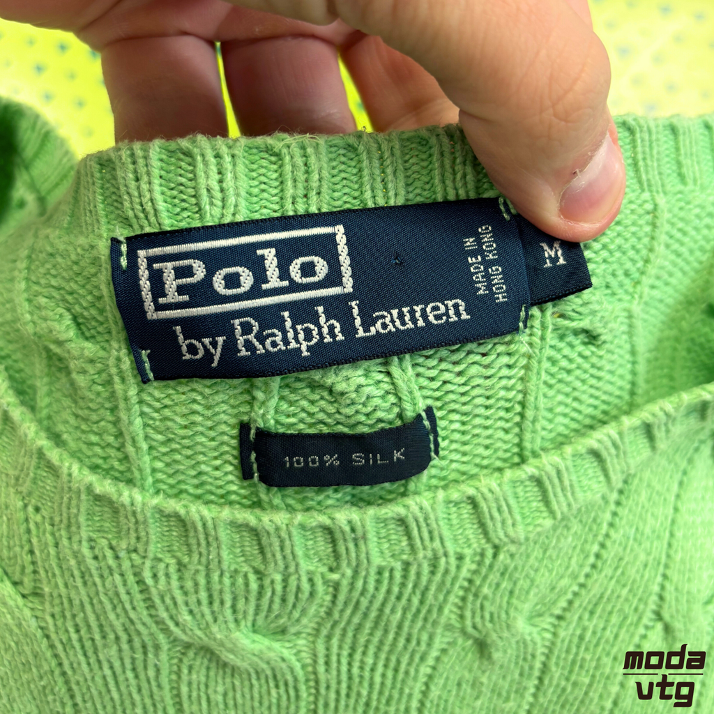 Vintage Y2K Ralph Lauren Knitted Jumper Green Medium Cable