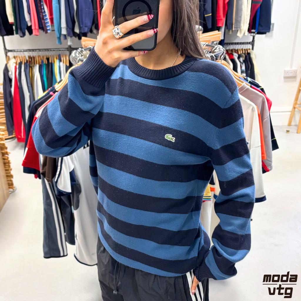 Vintage Y2K Lacoste Knitted Jumper Blue Medium Retro Unisex Striped