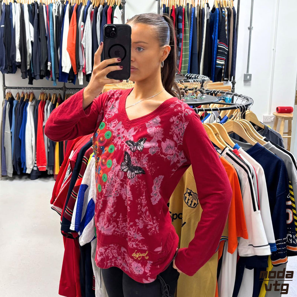 Vintage Y2K Desigual Top Red Summer Long Sleeve