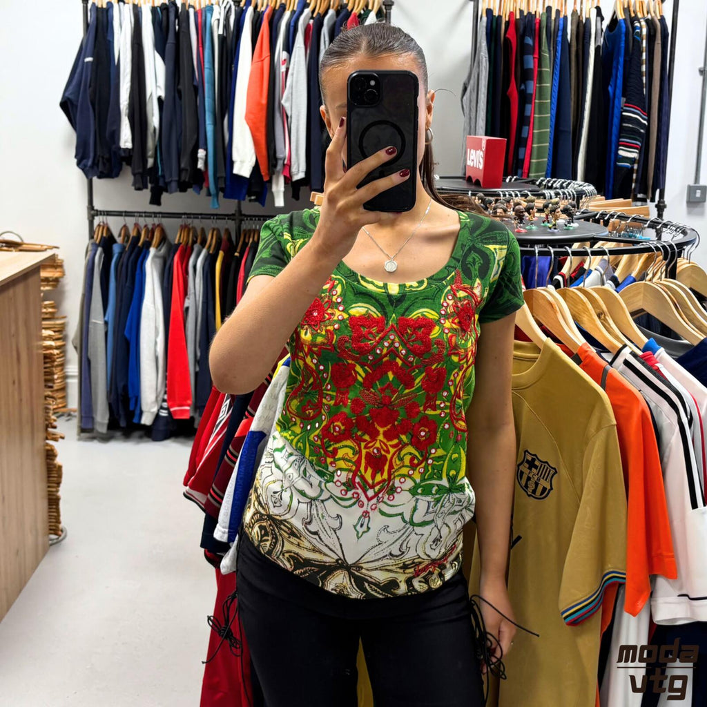 Vintage Y2K Desigual Top Green Small Summer Floral