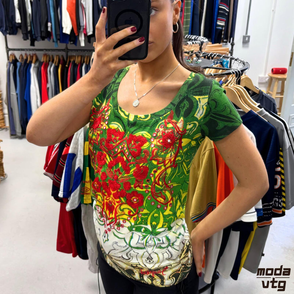 Vintage Y2K Desigual Top Green Small Summer Floral