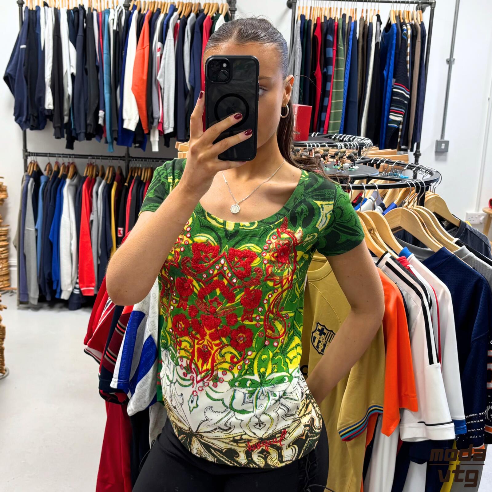 Vintage Y2K Desigual Top Green Small Summer Floral