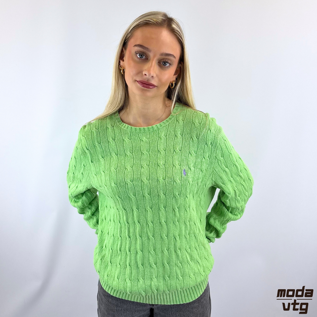 Vintage Y2K Ralph Lauren Knitted Jumper Green Medium Cable