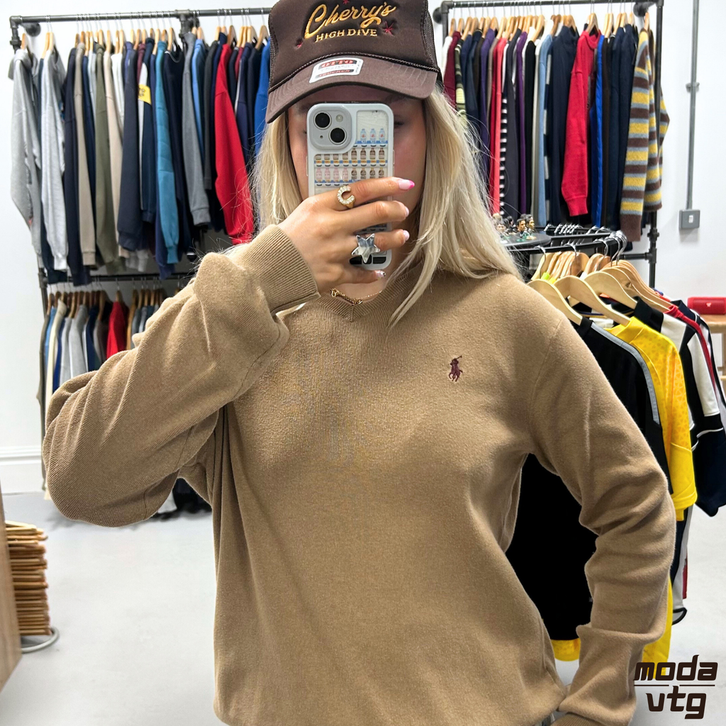 Vintage Y2K Ralph Lauren Knitted Jumper Brown Small Unisex Retro Lightweight Pim