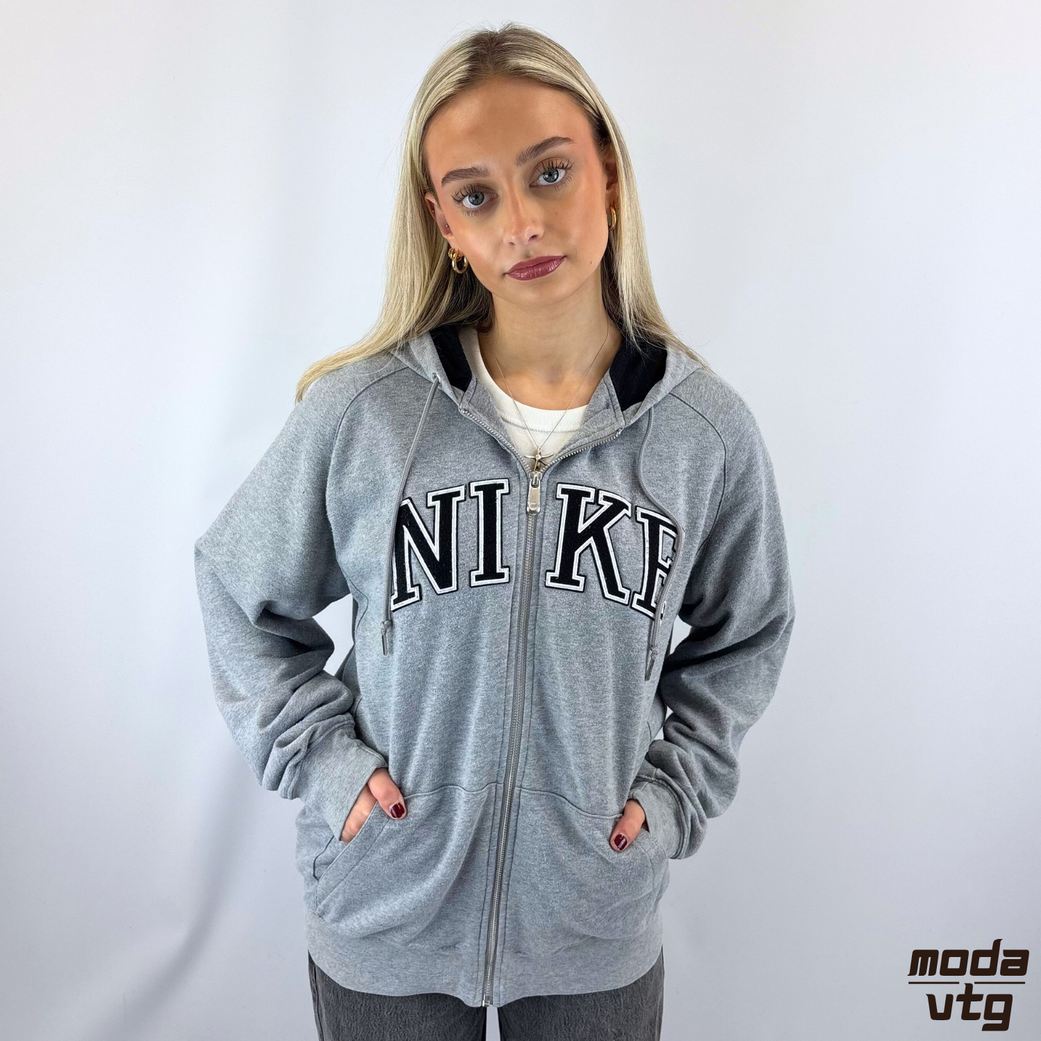 Vintage Y2K Nike Hoodie Grey Large Full Zip