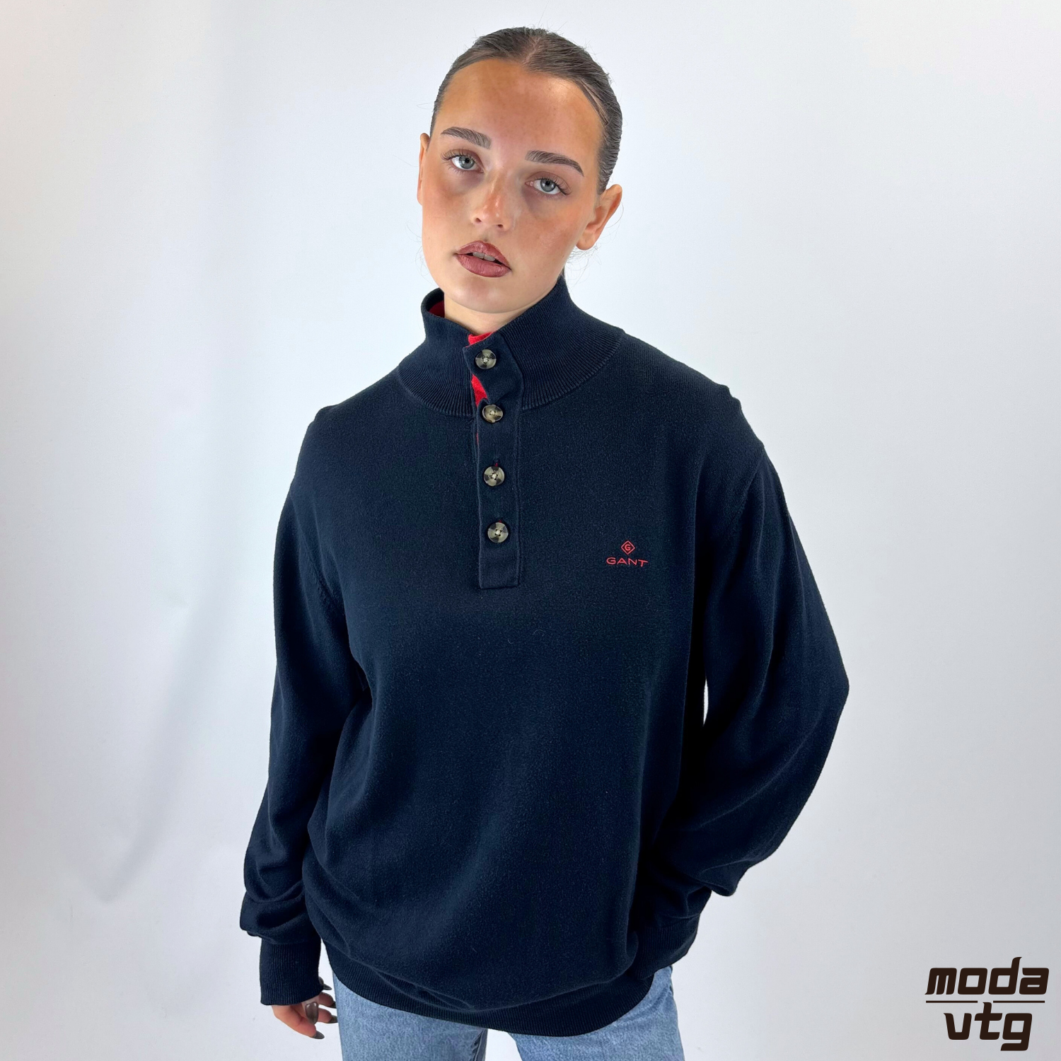 Vintage Y2K GANT Knitted Jumper Navy Large Buttoned High Neck