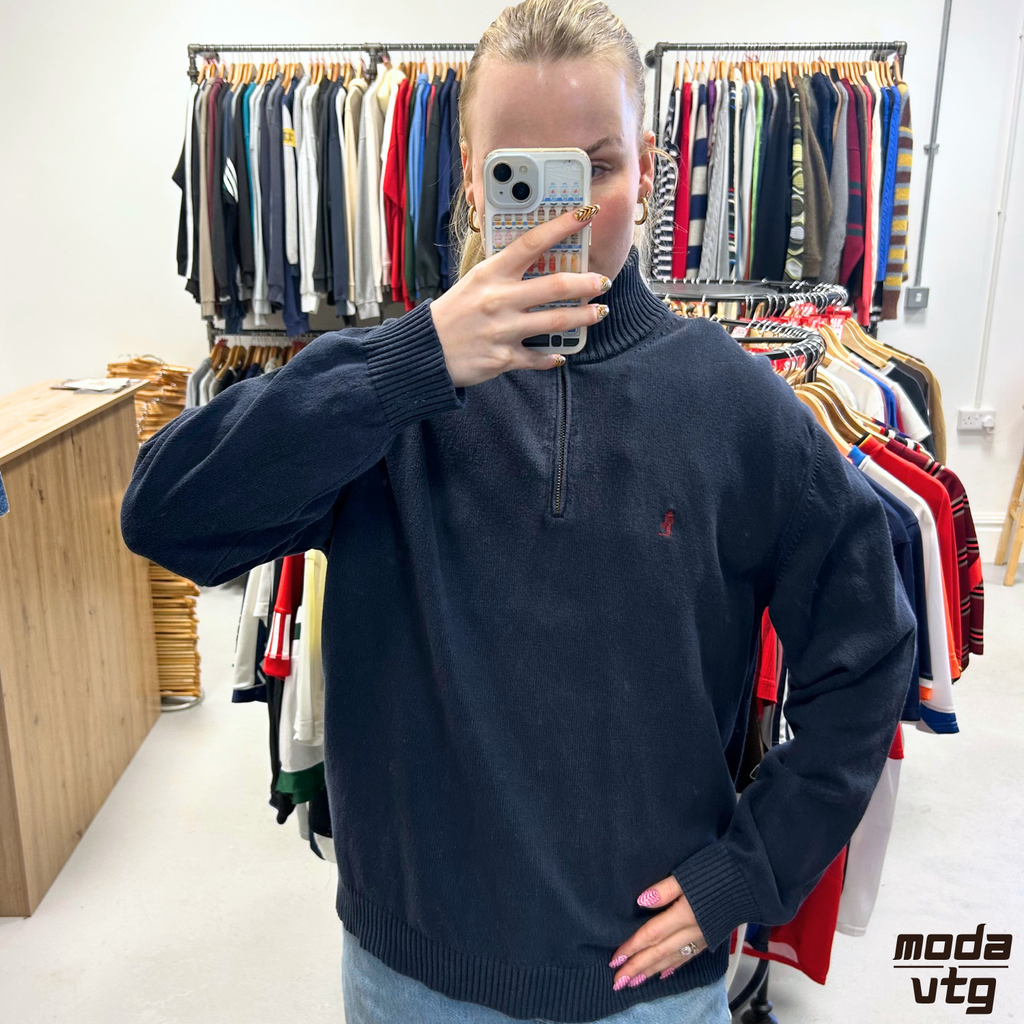 Vintage 90s Marlboro Knitted Jumper Navy Large Retro Unisex Quarter Zip