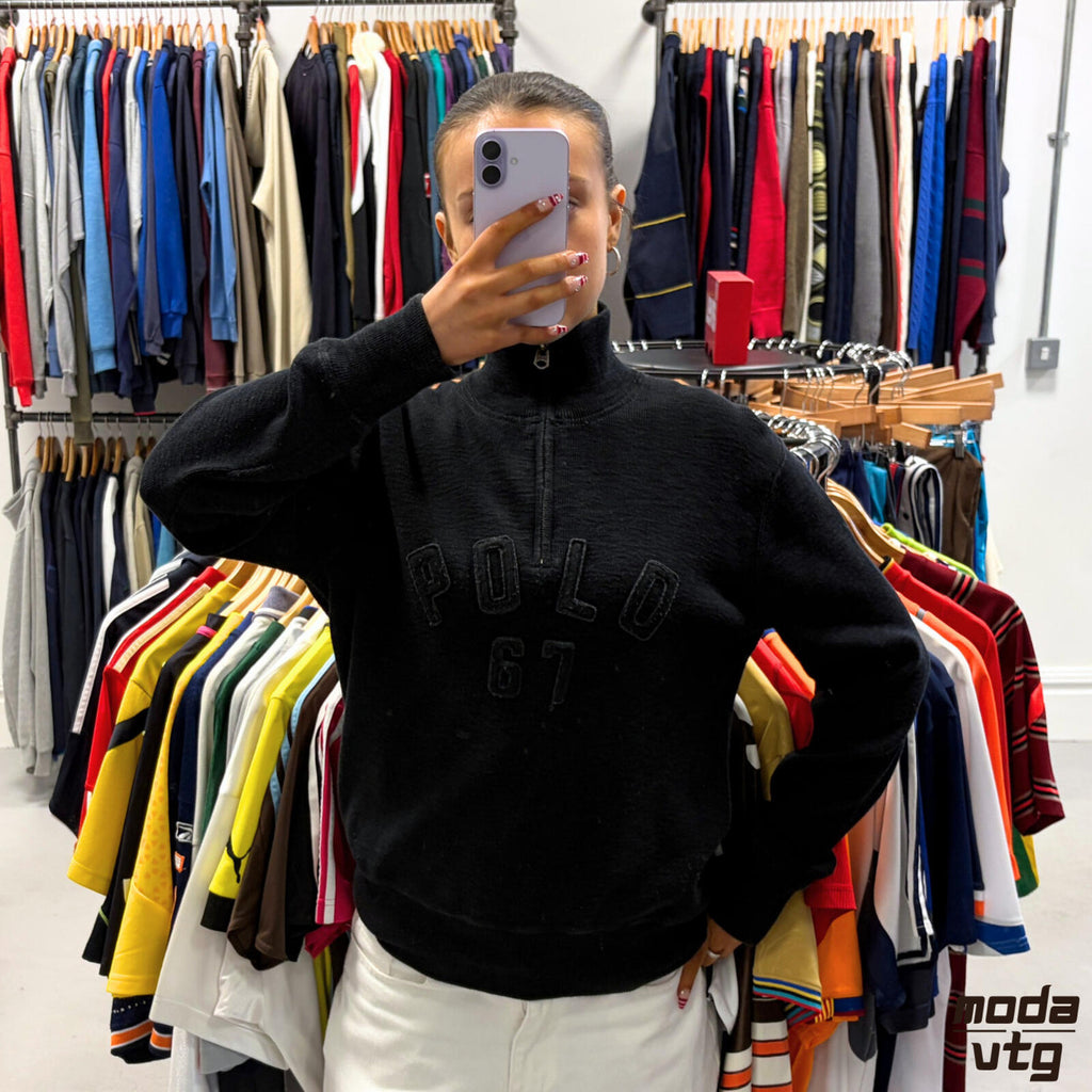 Vintage Y2K Ralph Lauren Knitted Sweatshirt Black Small Unisex Retro Quarter Zip