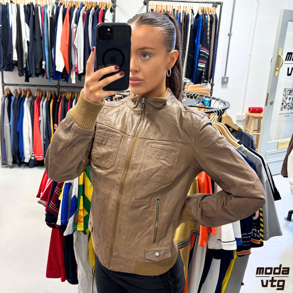 Vintage Y2K ONLY Leather Jacket Brown Women’s Medium Retro