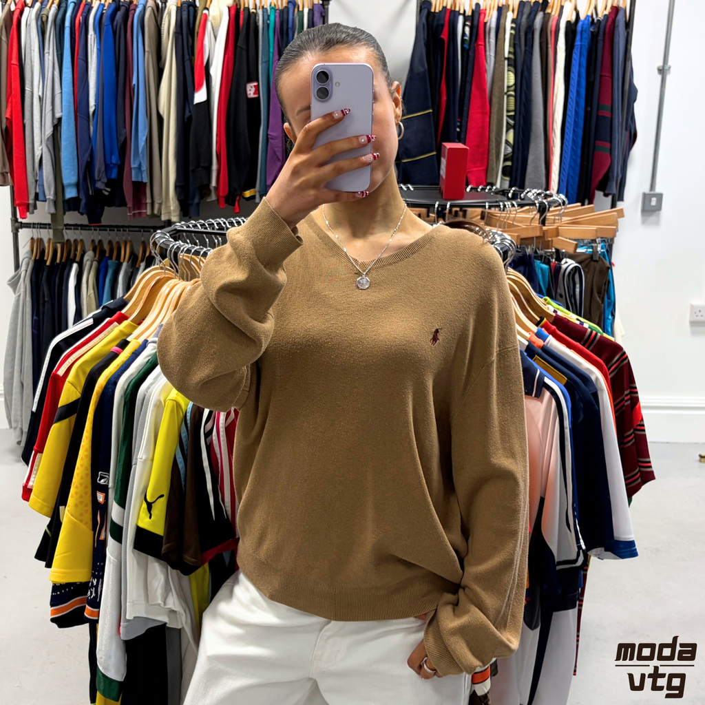 Vintage Y2K Ralph Lauren Knitted Jumper Brown Large Unisex Retro V-Neck Pima