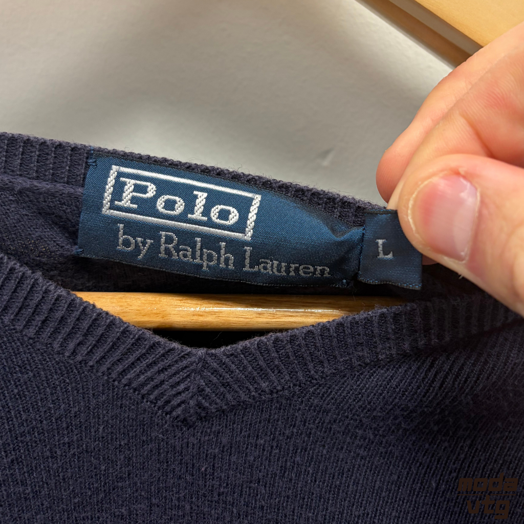 Vintage 90s Ralph Lauren Knitted Jumper Navy Medium Unisex Retro V-Neck Cotton