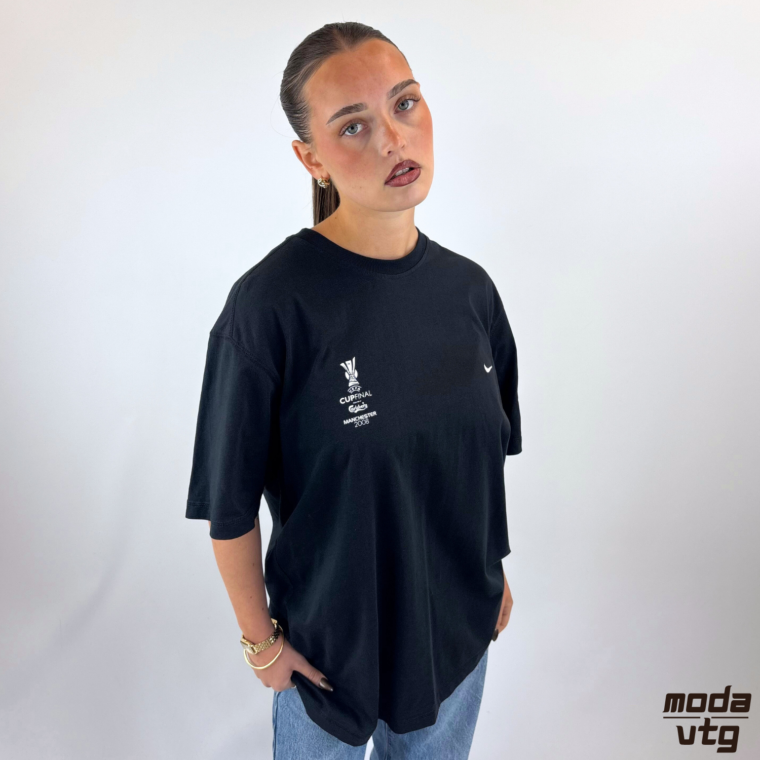 Vintage Y2K Nike T-Shirt Black Large Europa League 2008 Promo