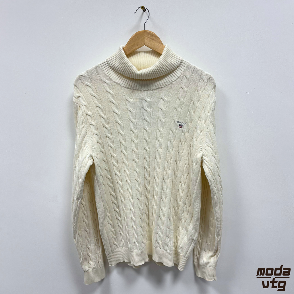 Vintage Y2K GANT Knitted Jumper Beige Medium Cable Turtle Neck