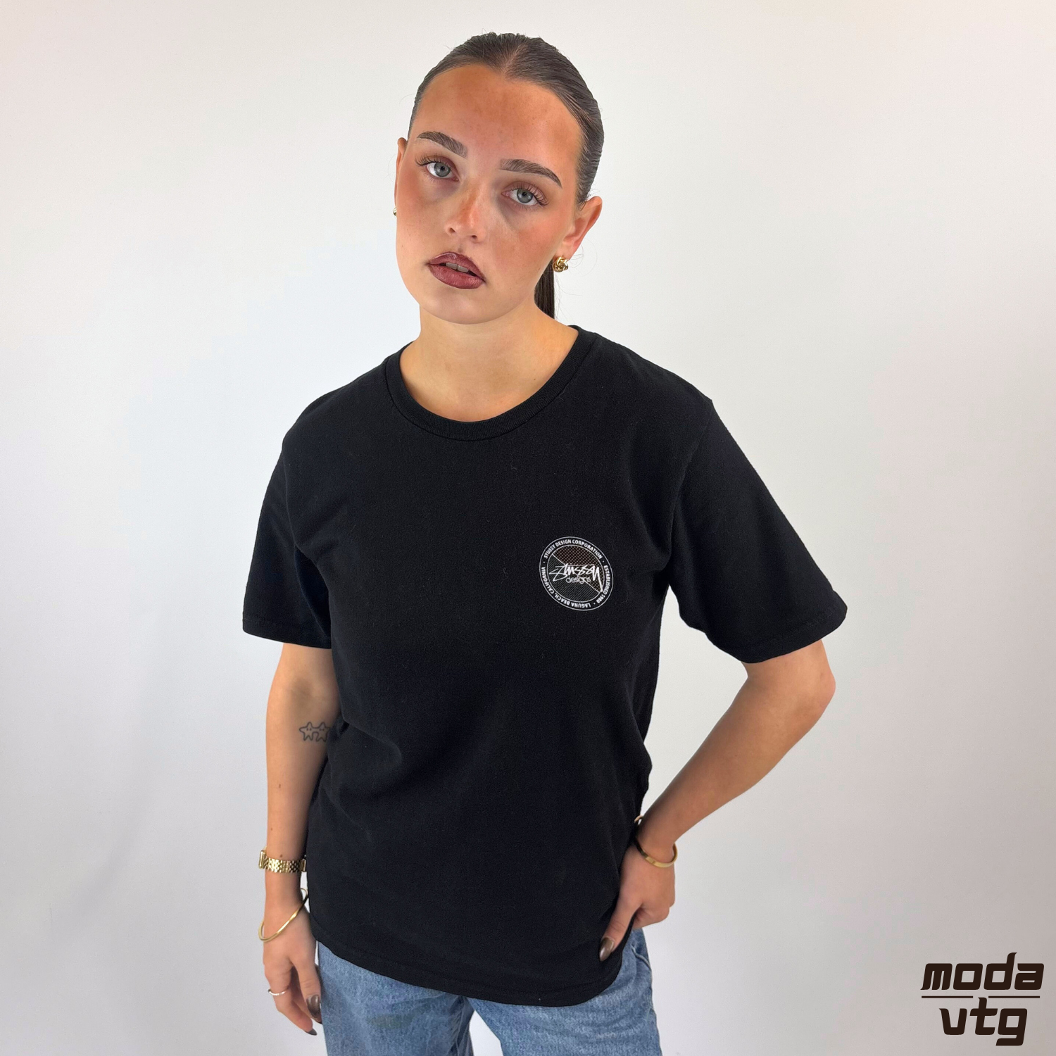 Vintage Y2K Stussy T-Shirt Black Small Graphic