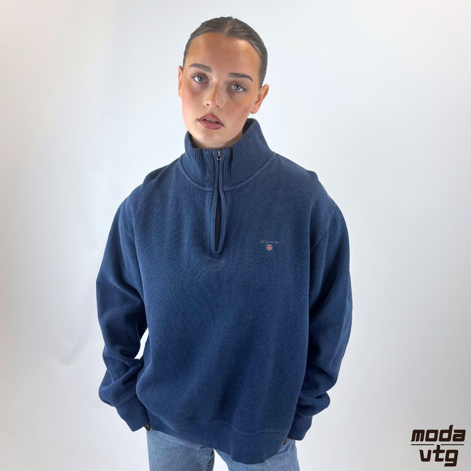 Vintage Y2K GANT Knitted Sweatshirt Blue Large Quarter Zip