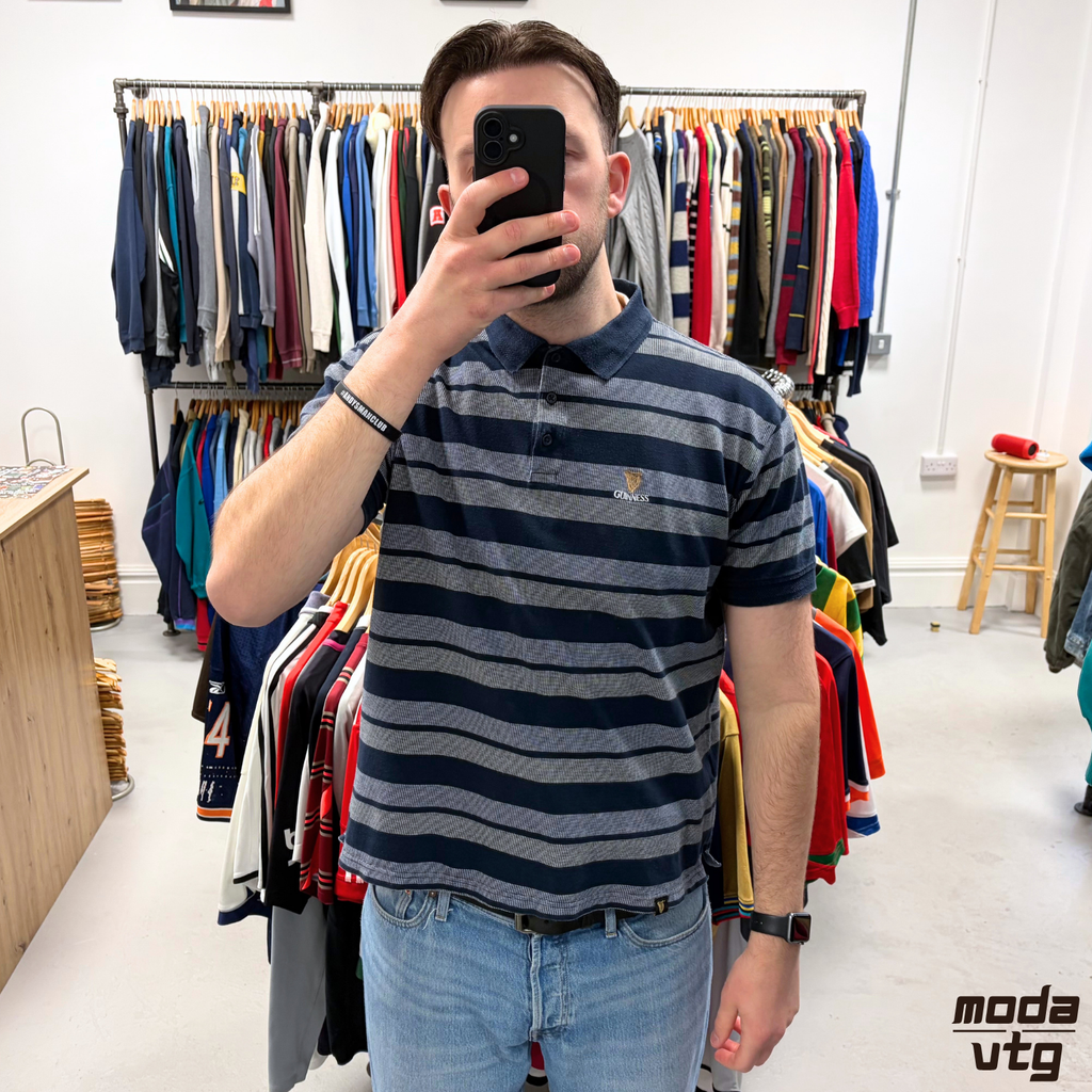 Vintage Y2K Guinness Polo Navy Large Retro Striped Unisex