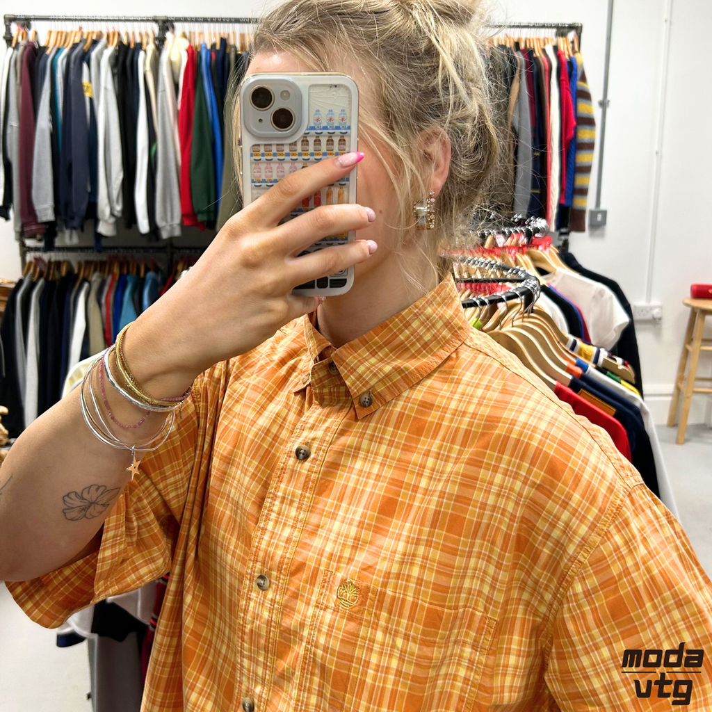 Vintage 90s Timberland Shirt Orange Large Checked Unisex Retro Holiday Summer
