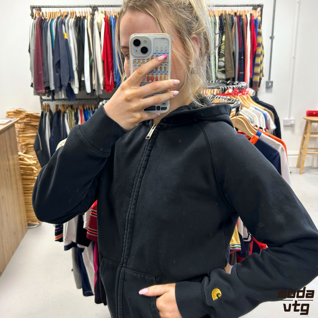 Vintage Y2K Carhartt Hoodie Black Small Unisex Retro Full Zip